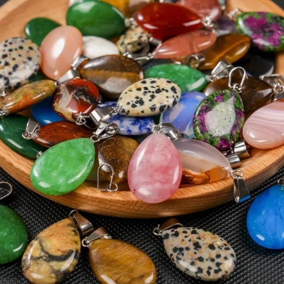 ⭐️ 5 for $25 Natural Stone Water Droplet Pendant Necklace on a Black Cord - Picture 6 of 9